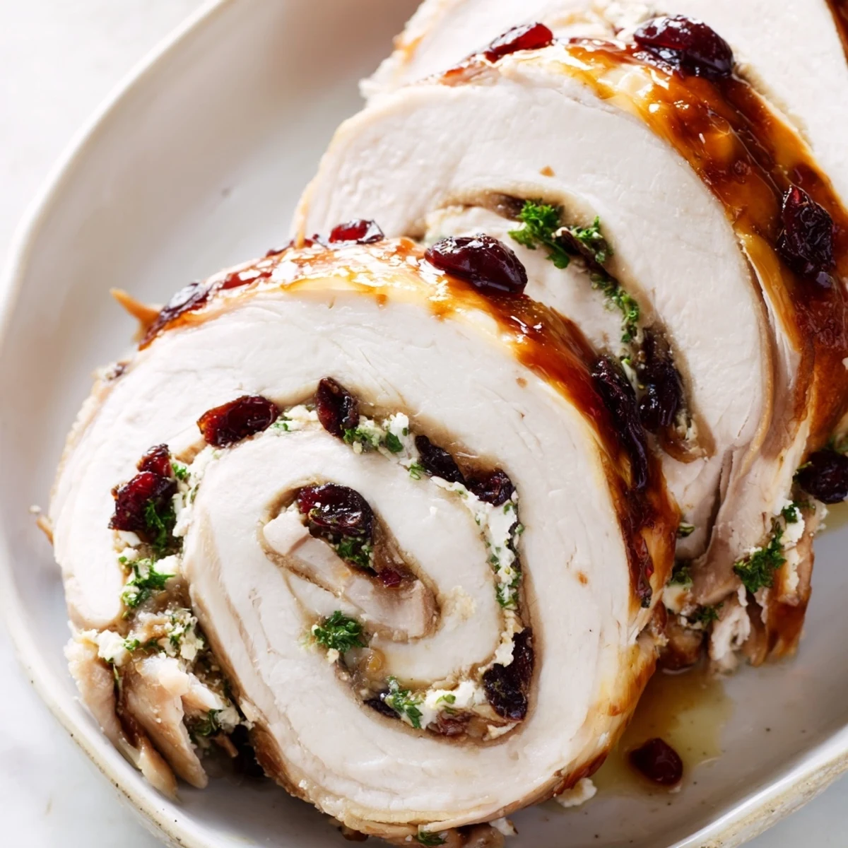 Golden roasted cranberry goat cheese stuffed turkey breast sliced to reveal colorful festive filling