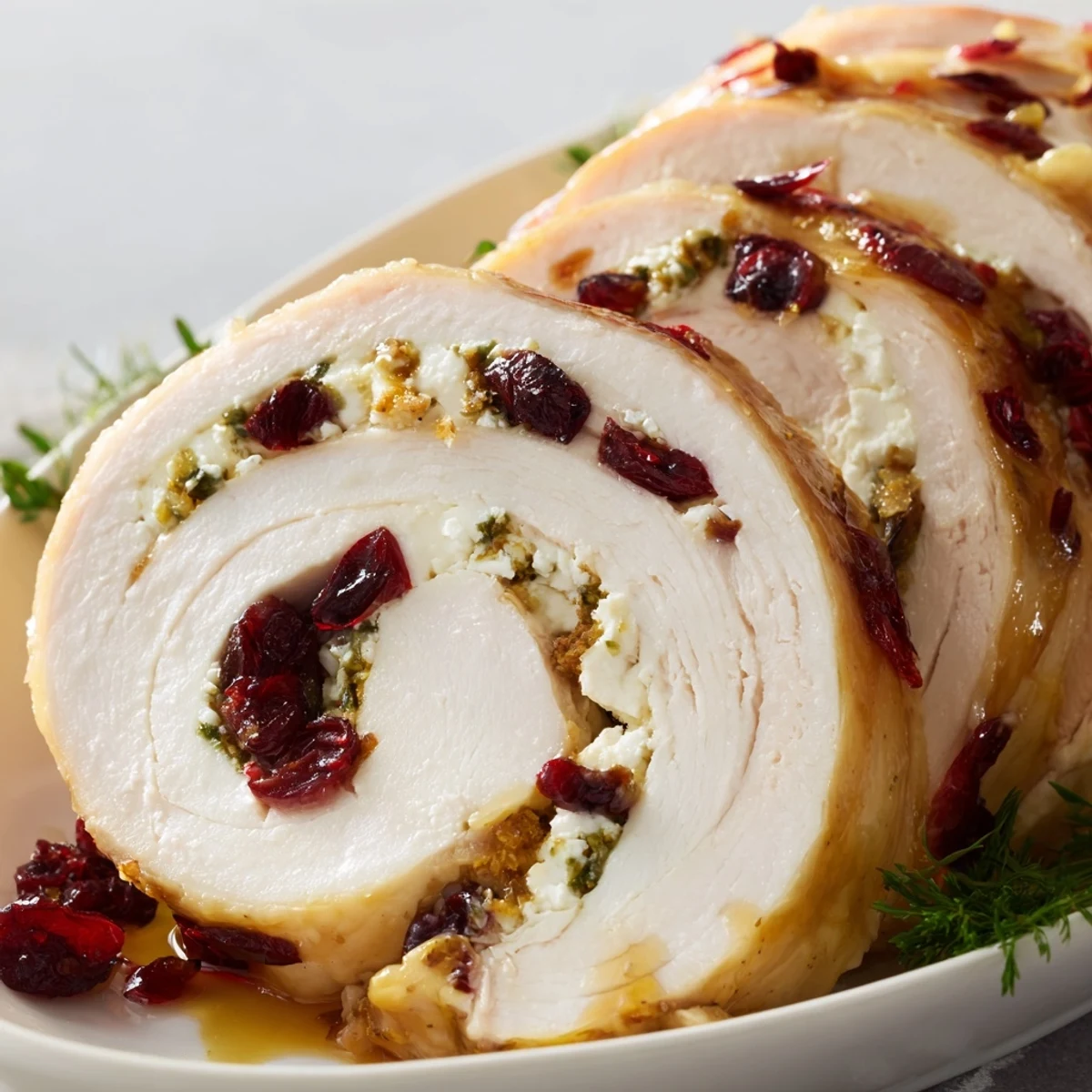 Honey glazed turkey roll with creamy goat cheese cranberry stuffing plated for elegant dinner