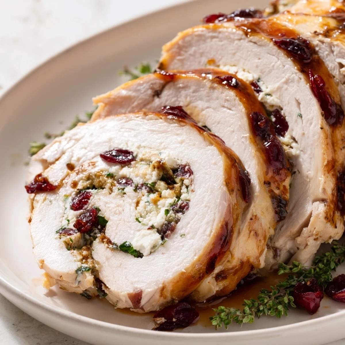 Juicy stuffed turkey breast showcasing tangy cranberries and smooth goat cheese on serving platter