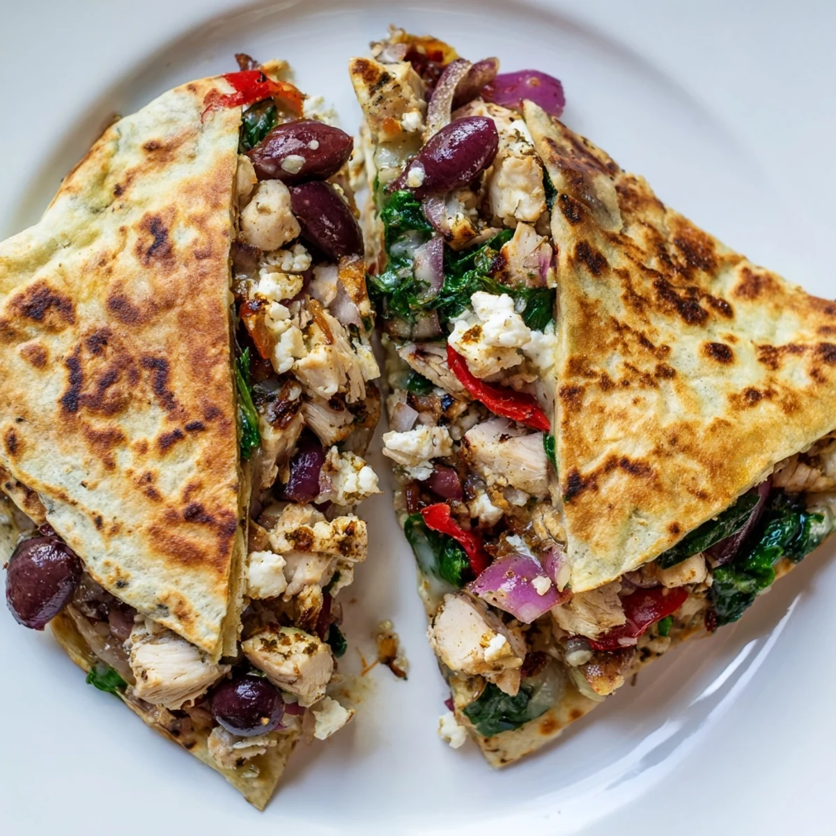 Crispy golden Greek chicken quesadilla oozing melted mozzarella and feta cheese with spinach