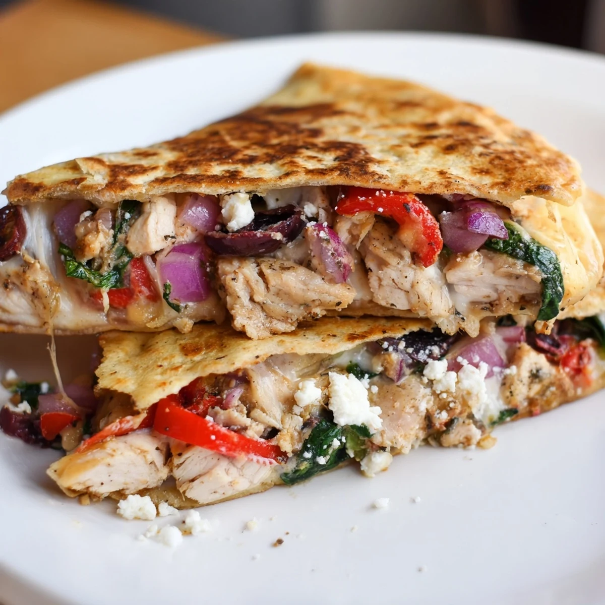Sliced quesadilla revealing juicy marinated chicken, Mediterranean vegetables and melted cheese inside