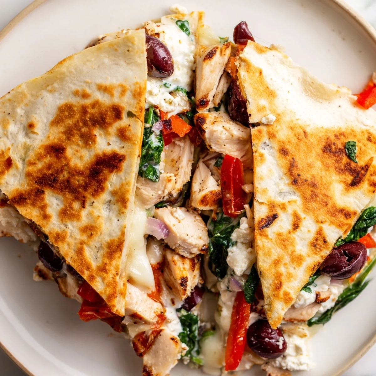 Golden brown tortilla wedges filled with seasoned Greek chicken, roasted peppers and olives