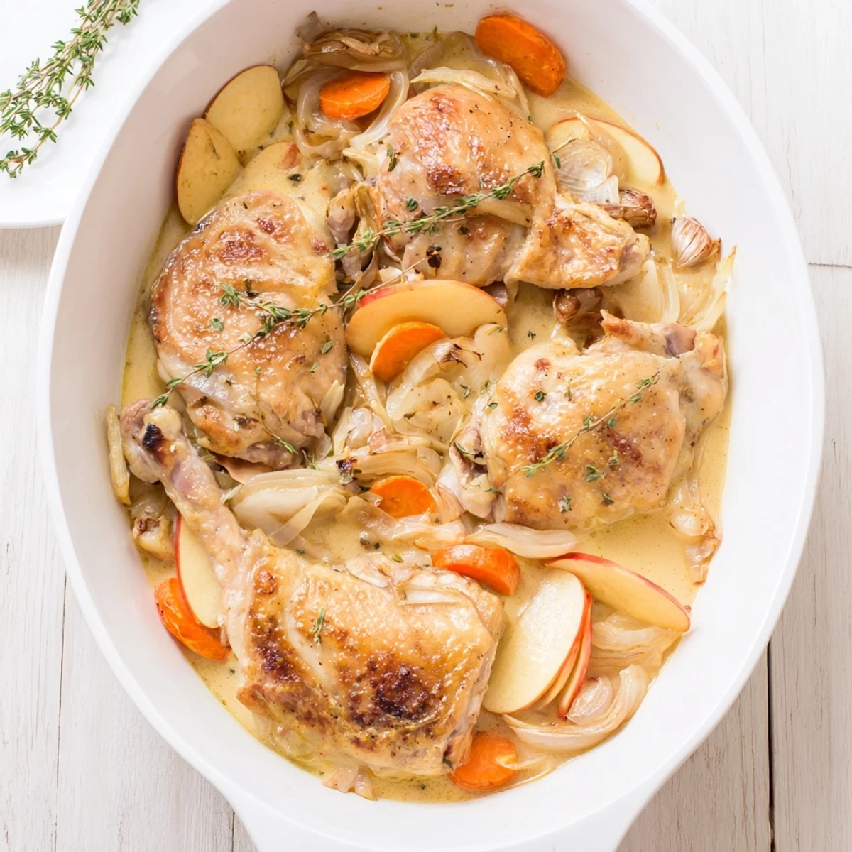 Golden brown French Chicken Casserole à la Normande served in a rustic Dutch oven with tender apple slices and creamy cider sauce bubbling around succulent chicken pieces