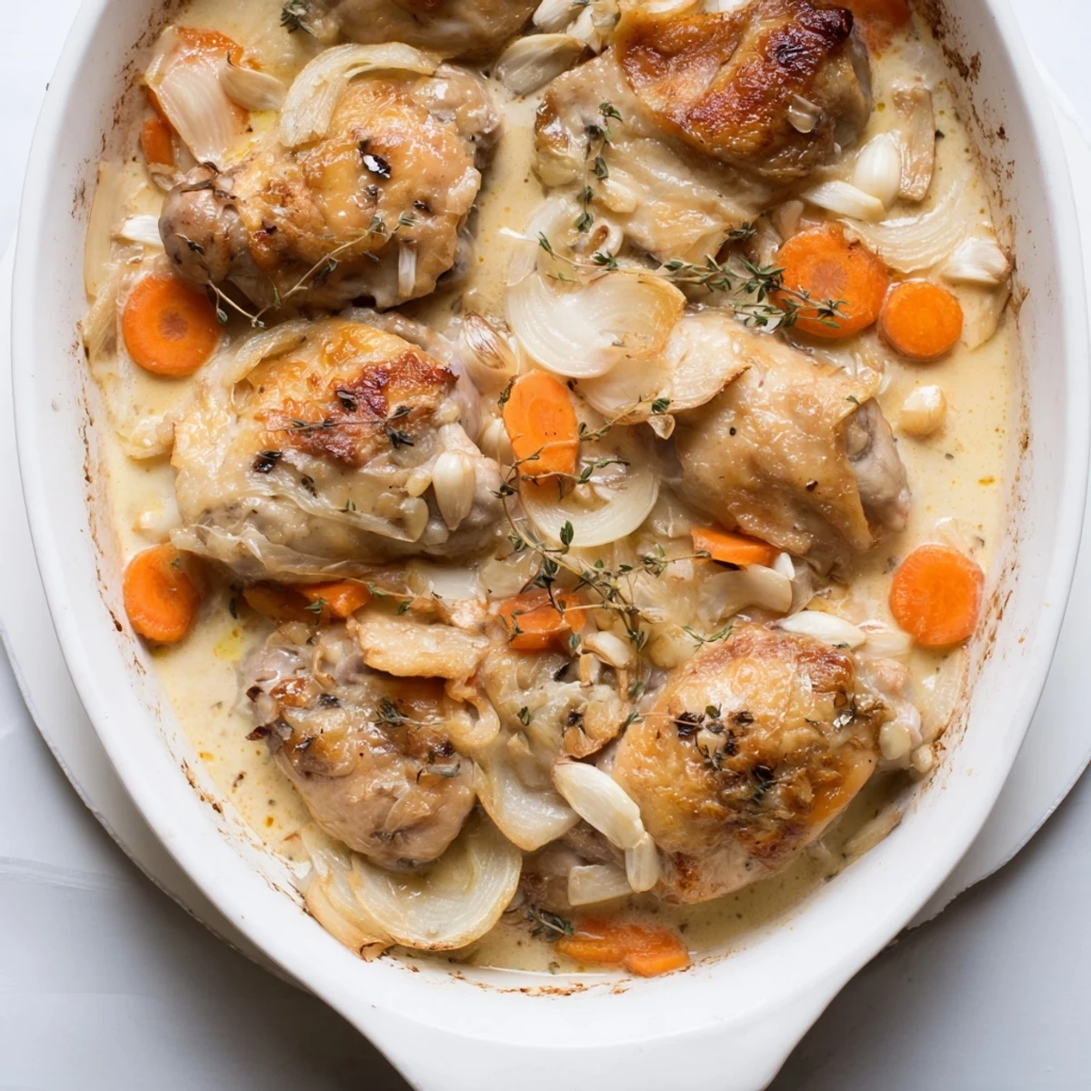 French Chicken Casserole à la Normande plated with mashed potatoes featuring fall-off-the-bone chicken, caramelized onions, and a velvety Calvados-infused cream sauce