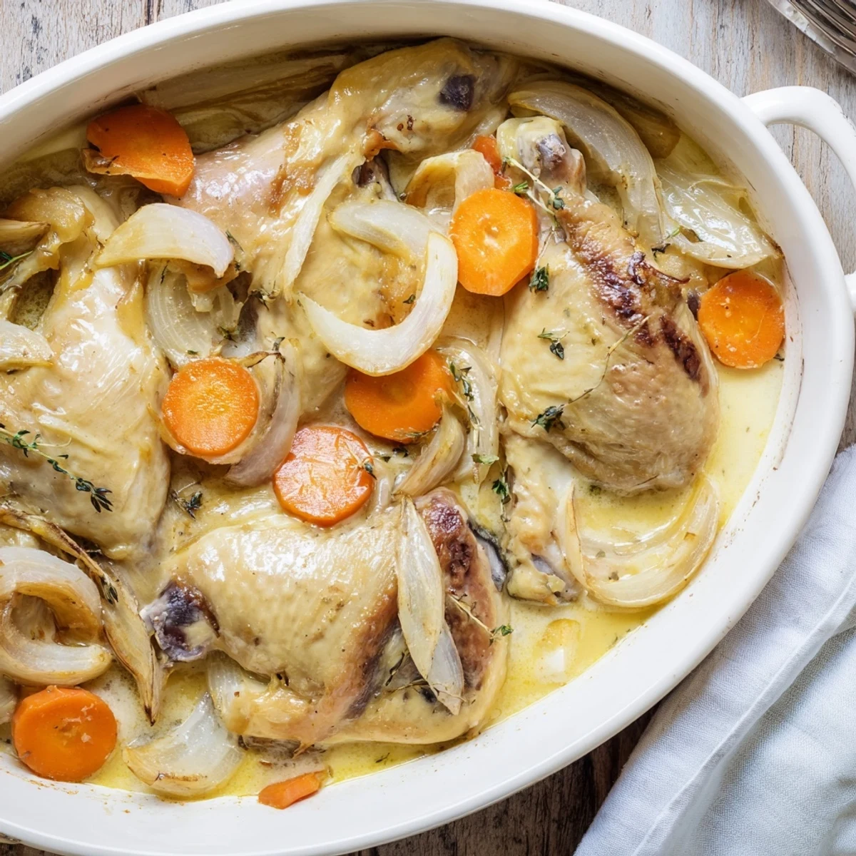 Steaming hot French Chicken Casserole à la Normande in a white ceramic bowl topped with fresh thyme sprigs, showcasing tender meat and sweet apples in a rich, glossy cider gravy