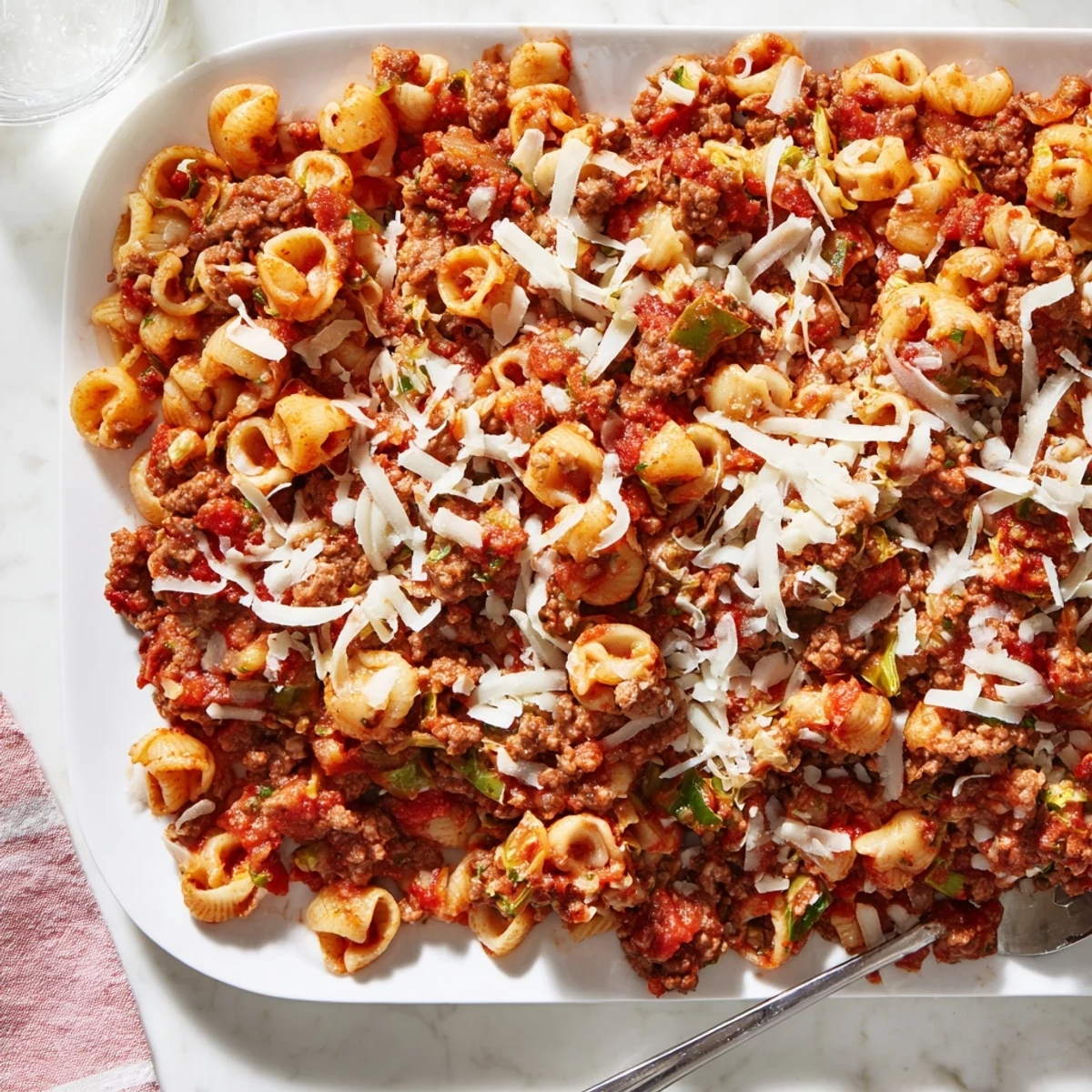 Golden cheesy cabbage roll pasta bake featuring tender pasta shells and savory beef
