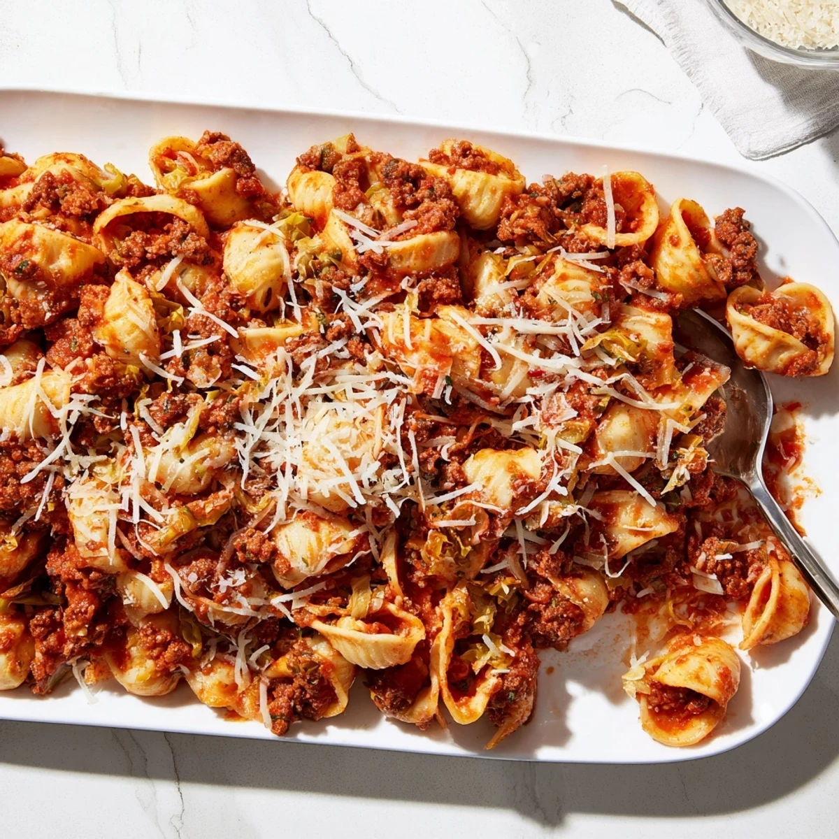Hearty cabbage roll pasta bake with melted cheese topping and tangy tomato beef sauce