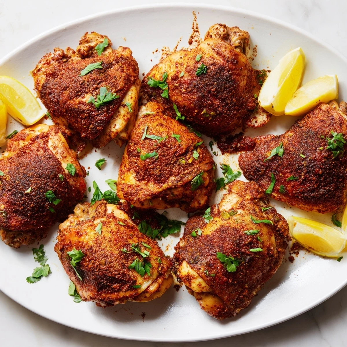 Golden roasted Moroccan spiced chicken thighs with crispy skin and fresh cilantro garnish on a white platter