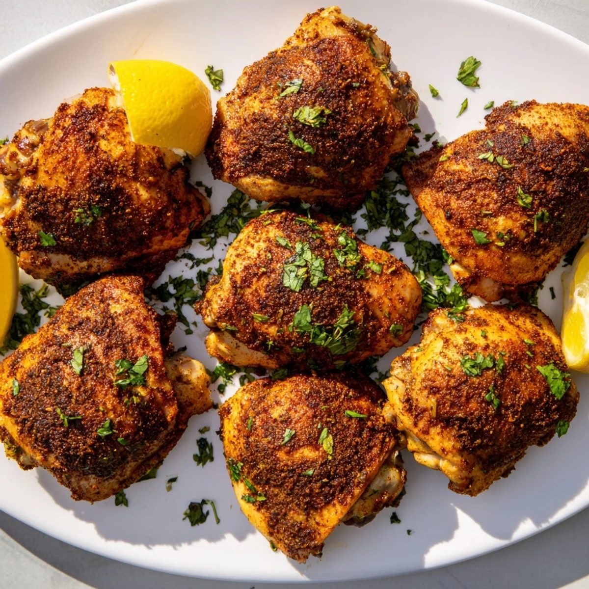 Fragrant Moroccan spiced chicken thighs arranged on a baking sheet with lemon wedges ready for serving