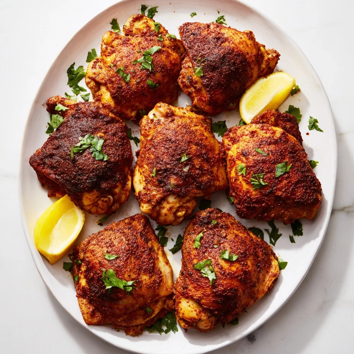 Crispy skinned Moroccan spiced chicken thighs plated with couscous and sprinkled with fresh green cilantro
