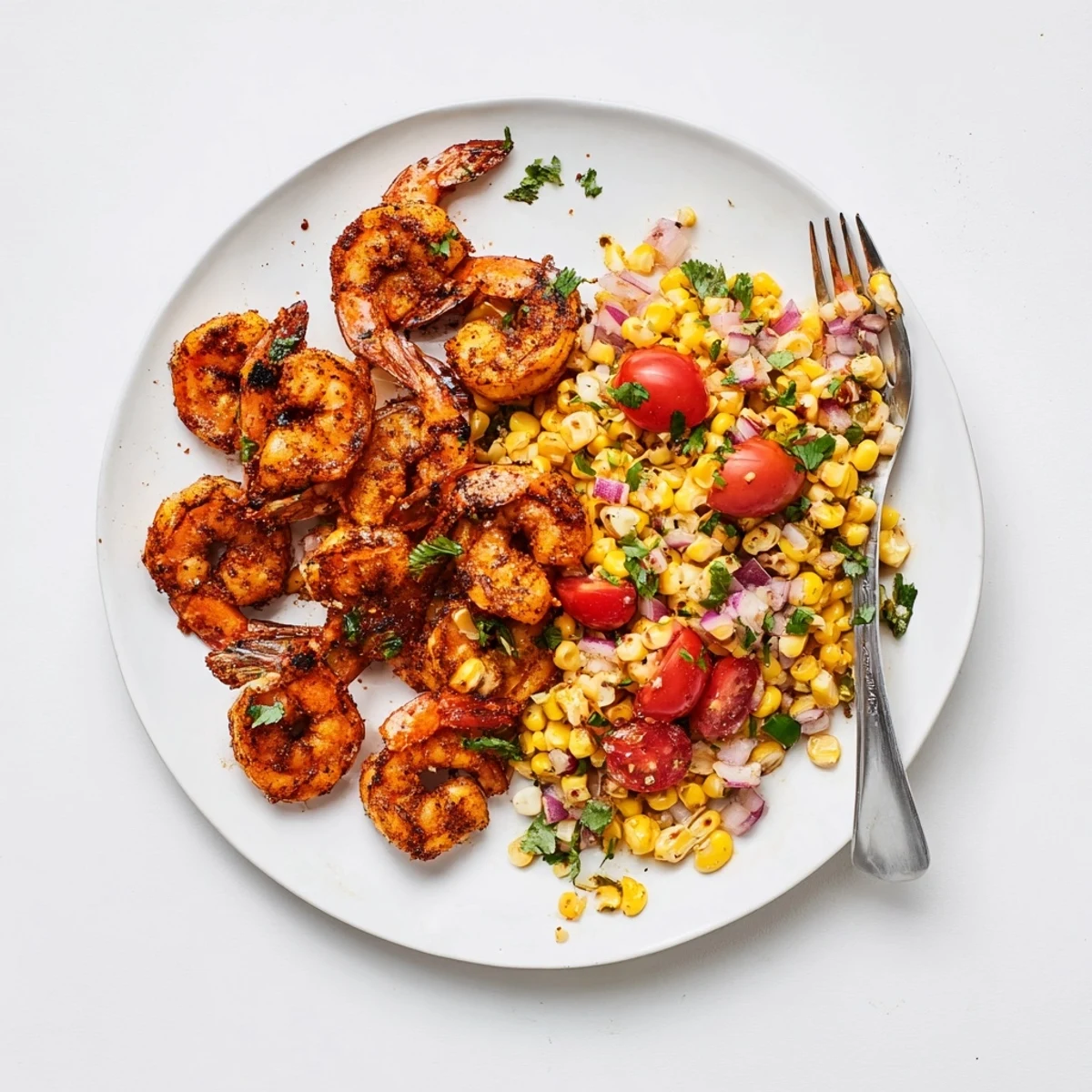 Plate of grilled smoky charred shrimp garnished with fresh lime wedges over a colorful chunky corn salsa mixture