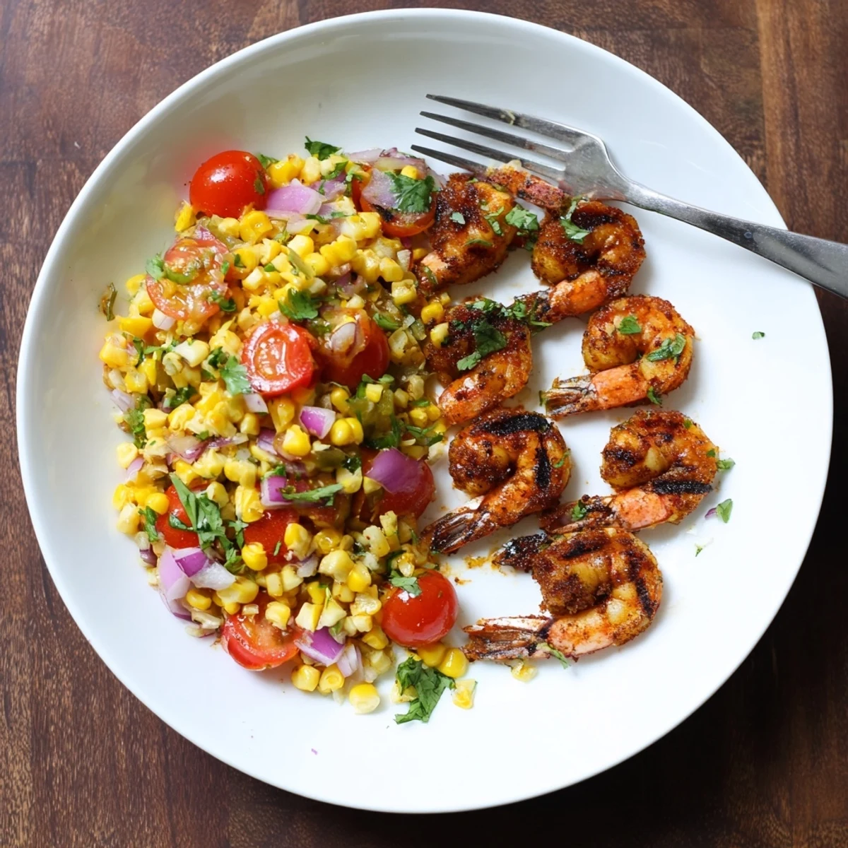 Golden charred shrimp with smoky spices served atop vibrant yellow corn salsa with red tomatoes and green cilantro