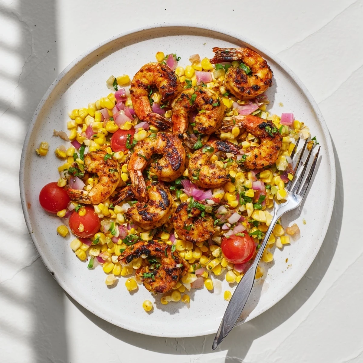 Close-up of spiced shrimp with grill marks paired with sweet corn salsa featuring diced tomatoes and jalapeño