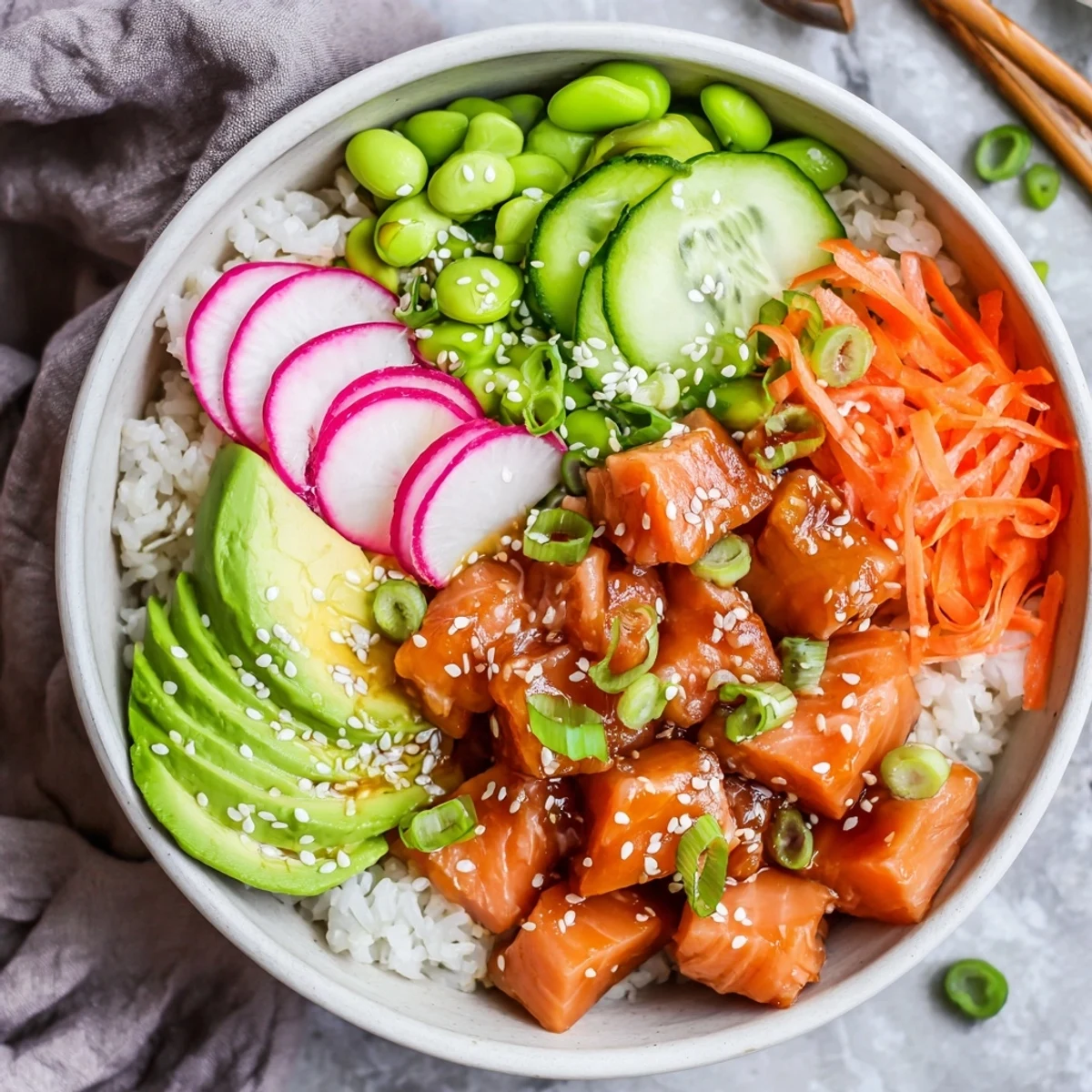 Fresh salmon and avocado poke bowl with colorful vegetables over seasoned rice