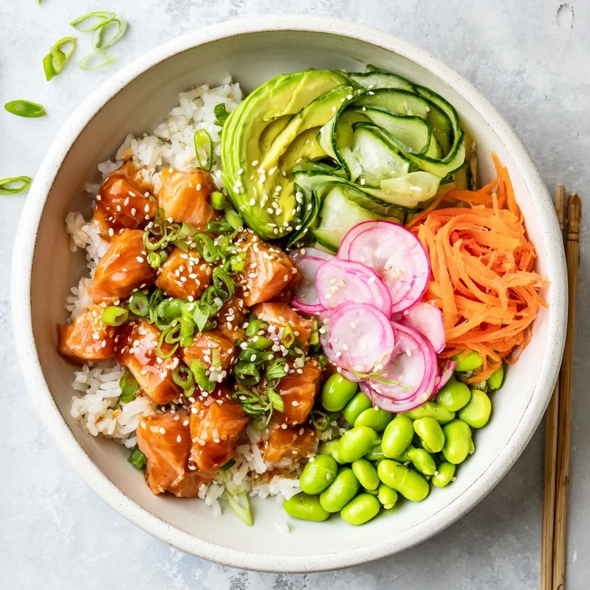 Vibrant Hawaiian-style salmon poke bowl topped with creamy avocado and crisp vegetables