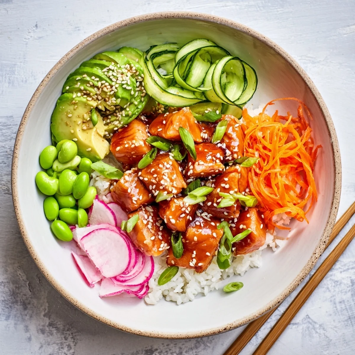 Sushi-grade salmon and avocado poke bowl served over rice with sesame seeds