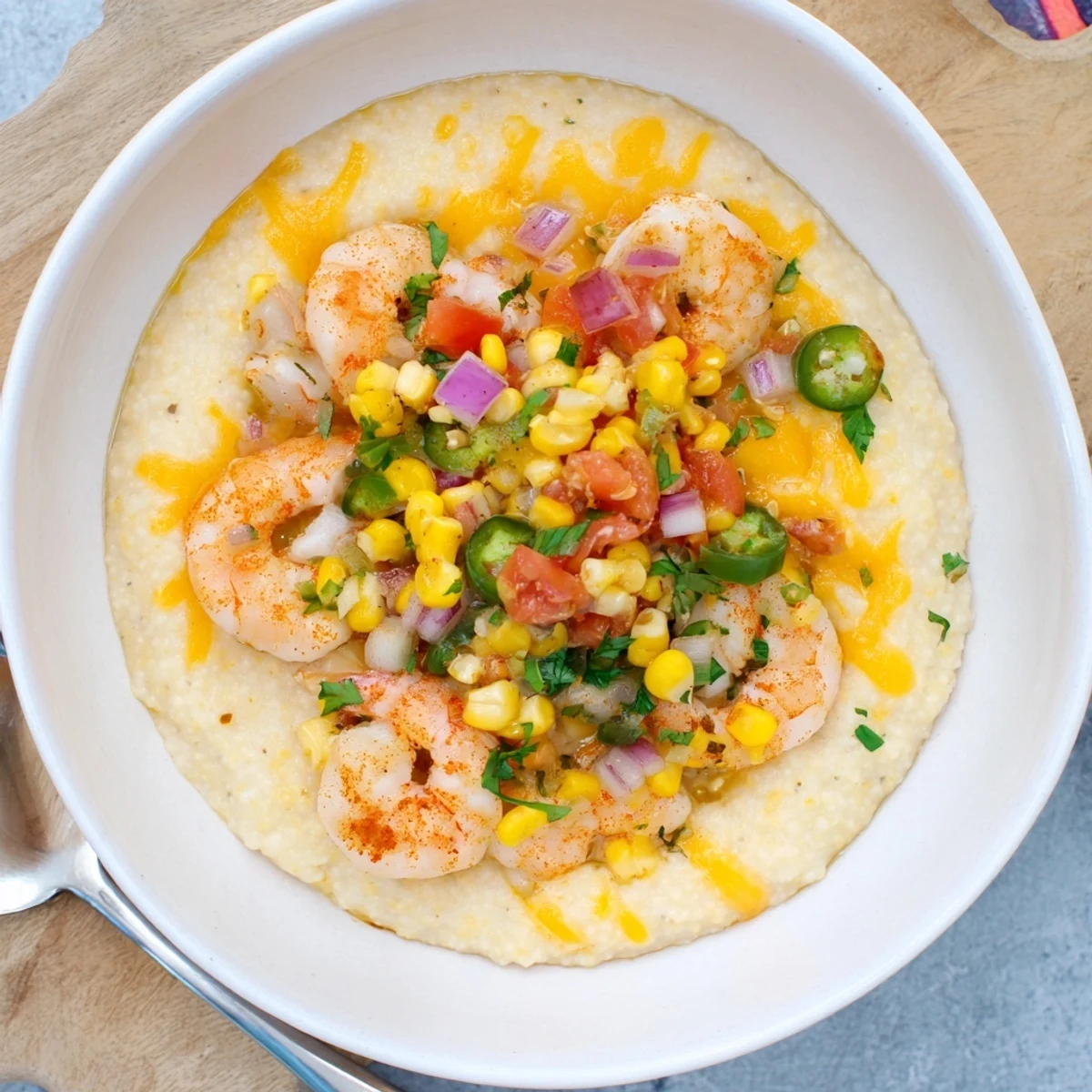 Southern shrimp grits featuring cheesy stone-ground grits with plump shrimp and fresh zesty corn relish