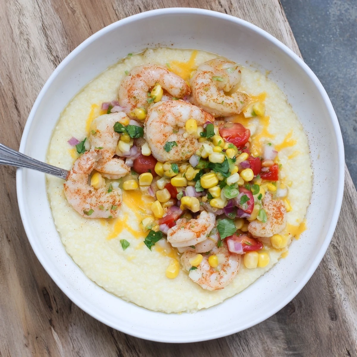 Creamy shrimp grits topped with golden sautéed shrimp and vibrant corn salsa in a white bowl