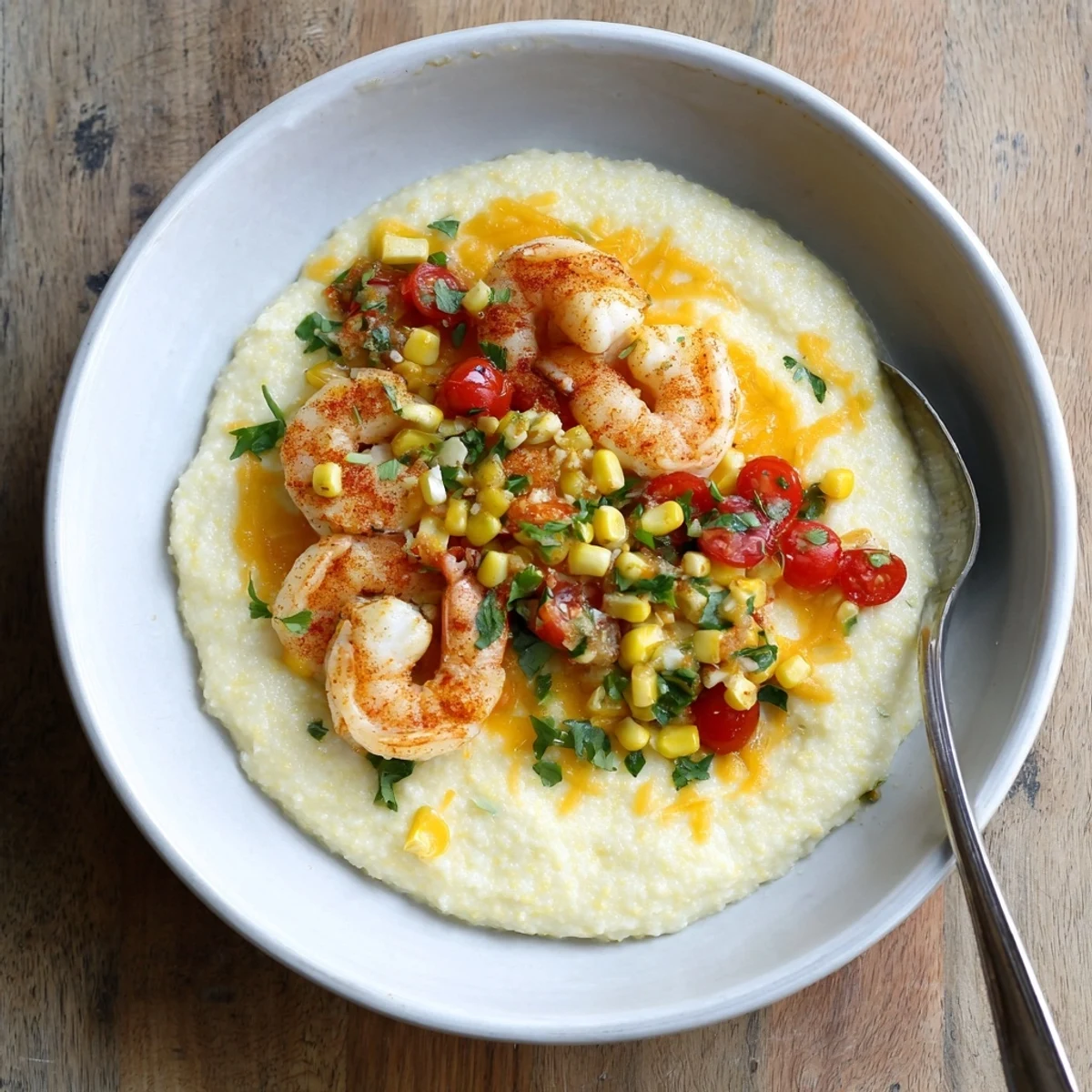 Bowl of rich cheddar grits crowned with lemon-garlic shrimp and colorful corn tomato salsa