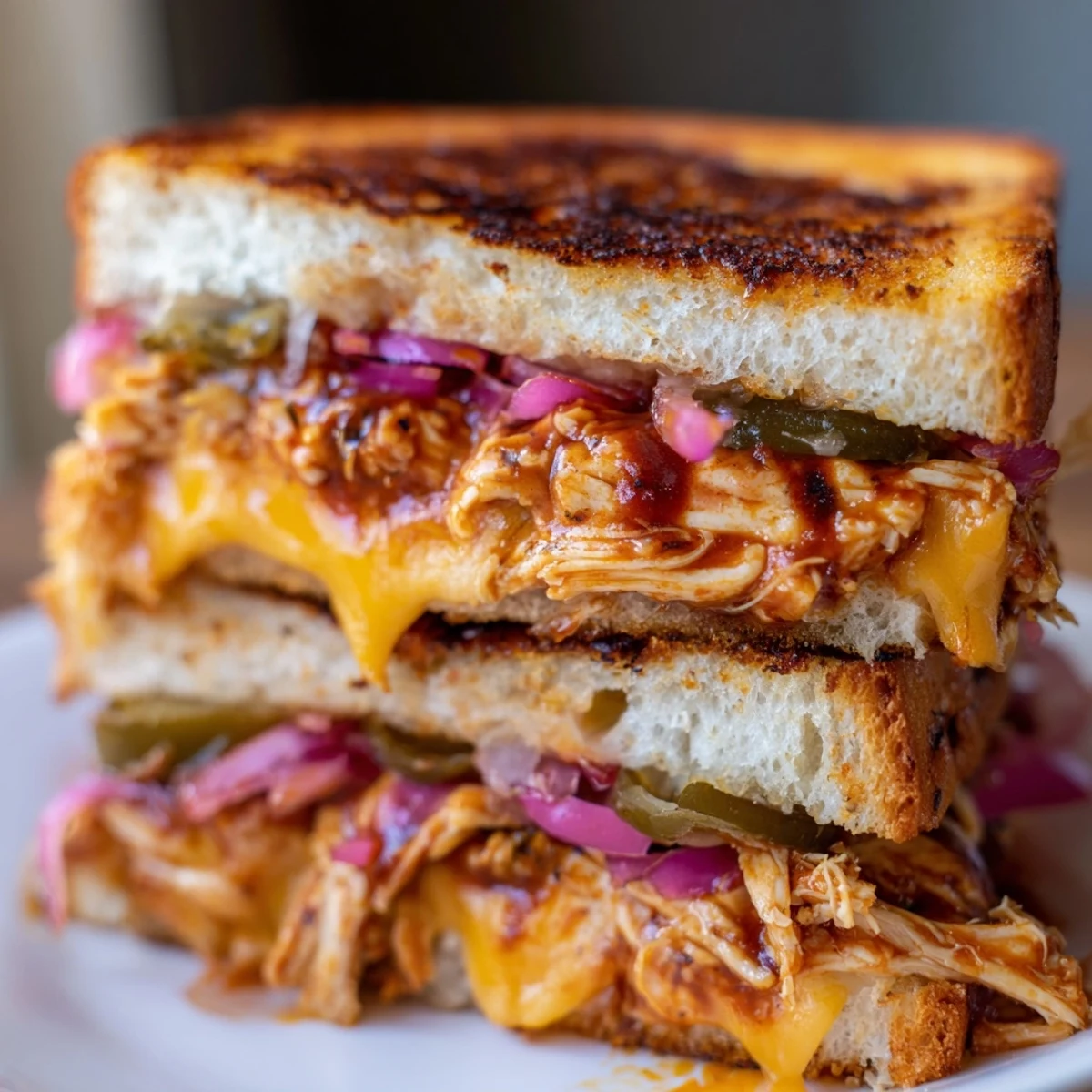 Savory BBQ chicken grilled cheese featuring gooey cheese layers and crispy toasted sourdough