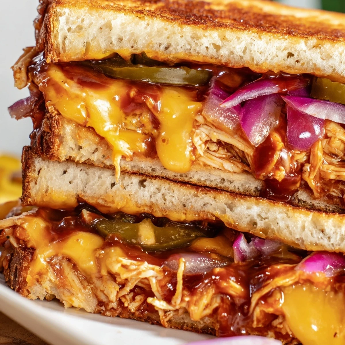 Golden BBQ chicken grilled cheese sandwich with melted cheddar and sourdough bread