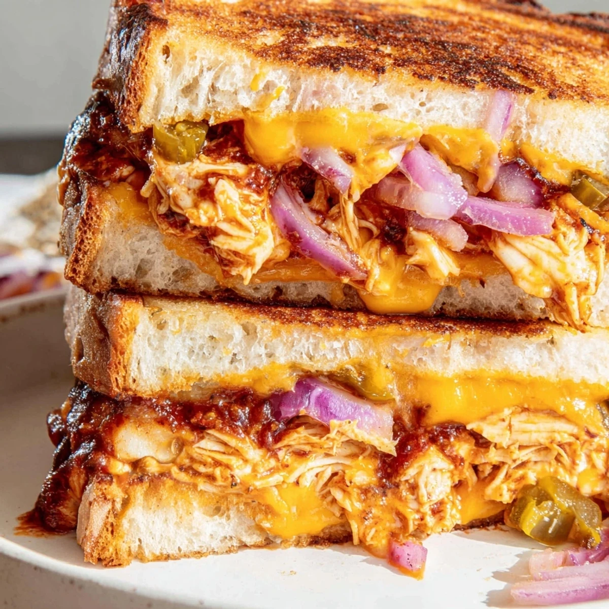 Delicious BBQ chicken grilled cheese oozing melted cheese on golden brown buttered bread
