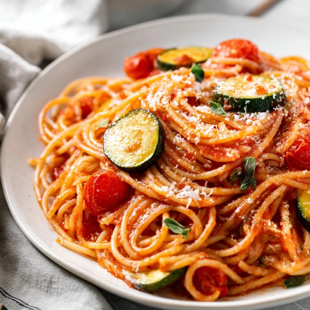 Golden tomato zucchini pasta tossed in olive oil with fresh basil sprinkled on top