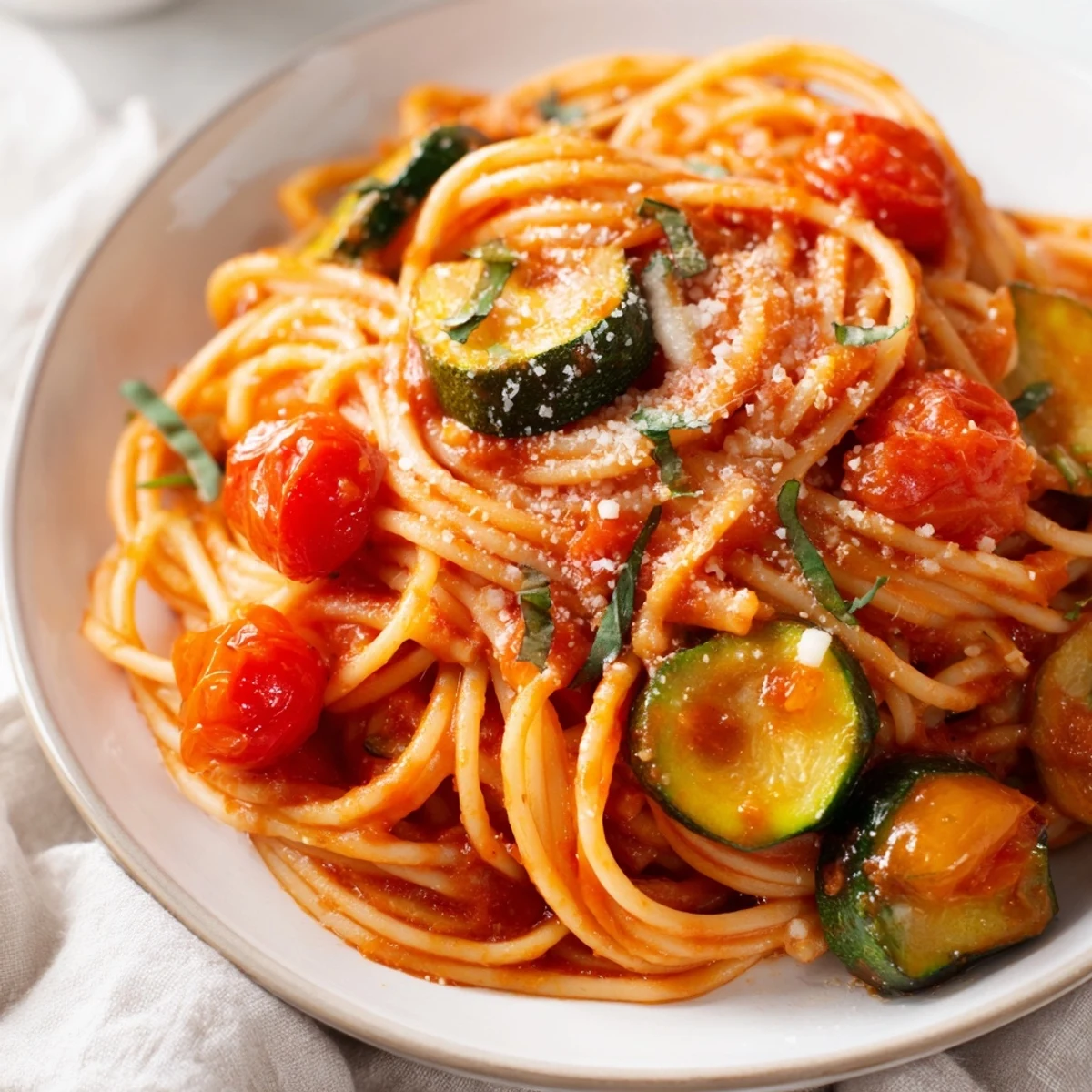 Al dente pasta coated in savory tomato zucchini sauce garnished with fresh basil leaves