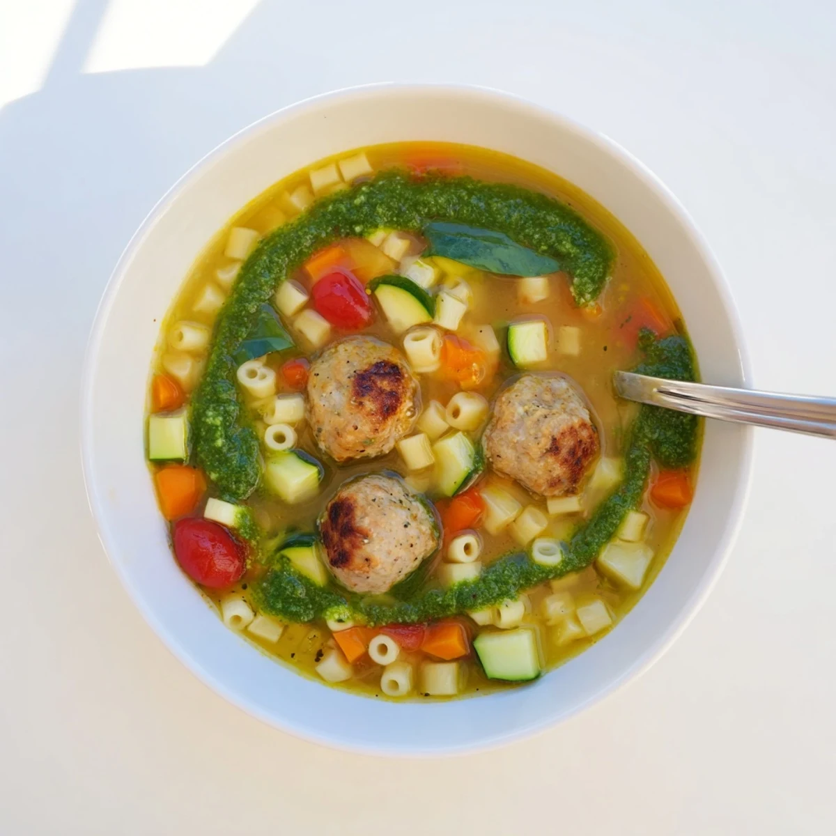 Golden bowl of summer pesto mini meatball soup topped with vibrant green basil swirl and fresh vegetables