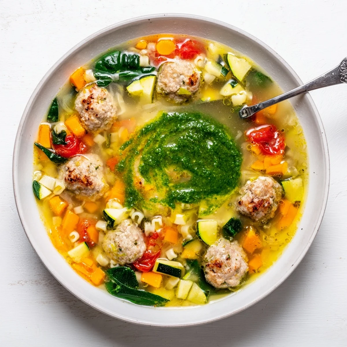 Close-up of tender chicken mini meatballs floating in flavorful broth with zucchini, tomatoes, and spinach
