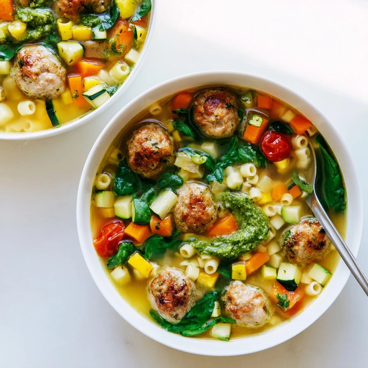 White serving bowl filled with hearty Italian meatball soup featuring ditalini pasta and dollop of homemade pesto