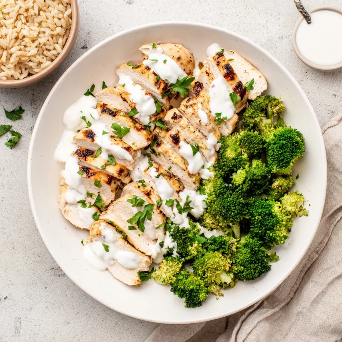 Protein-rich grilled chicken broccoli bowls featuring tender meat, vibrant steamed broccoli, and luscious yogurt garlic sauce served over rice