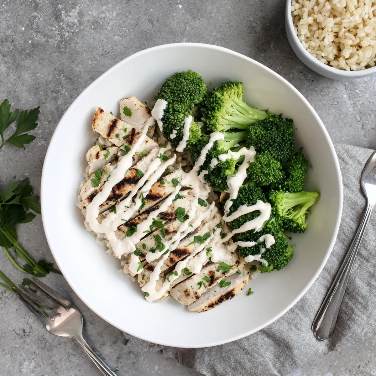 Healthy grilled chicken broccoli bowls with creamy garlic sauce drizzled over sliced chicken breast and crisp-tender broccoli florets