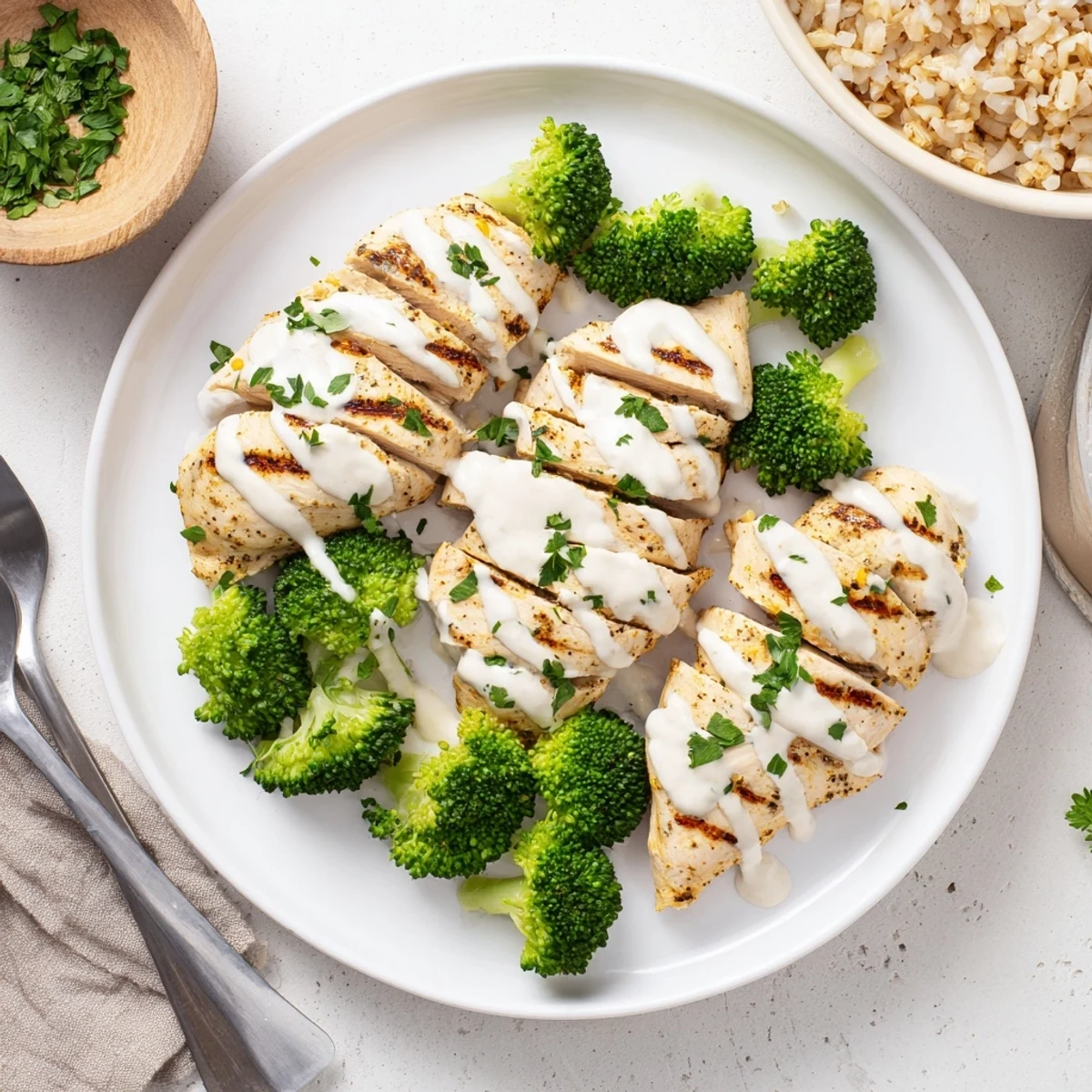 Nutritious grilled chicken broccoli bowls topped with zesty creamy garlic sauce, fresh grilled chicken slices, and bright green broccoli florets