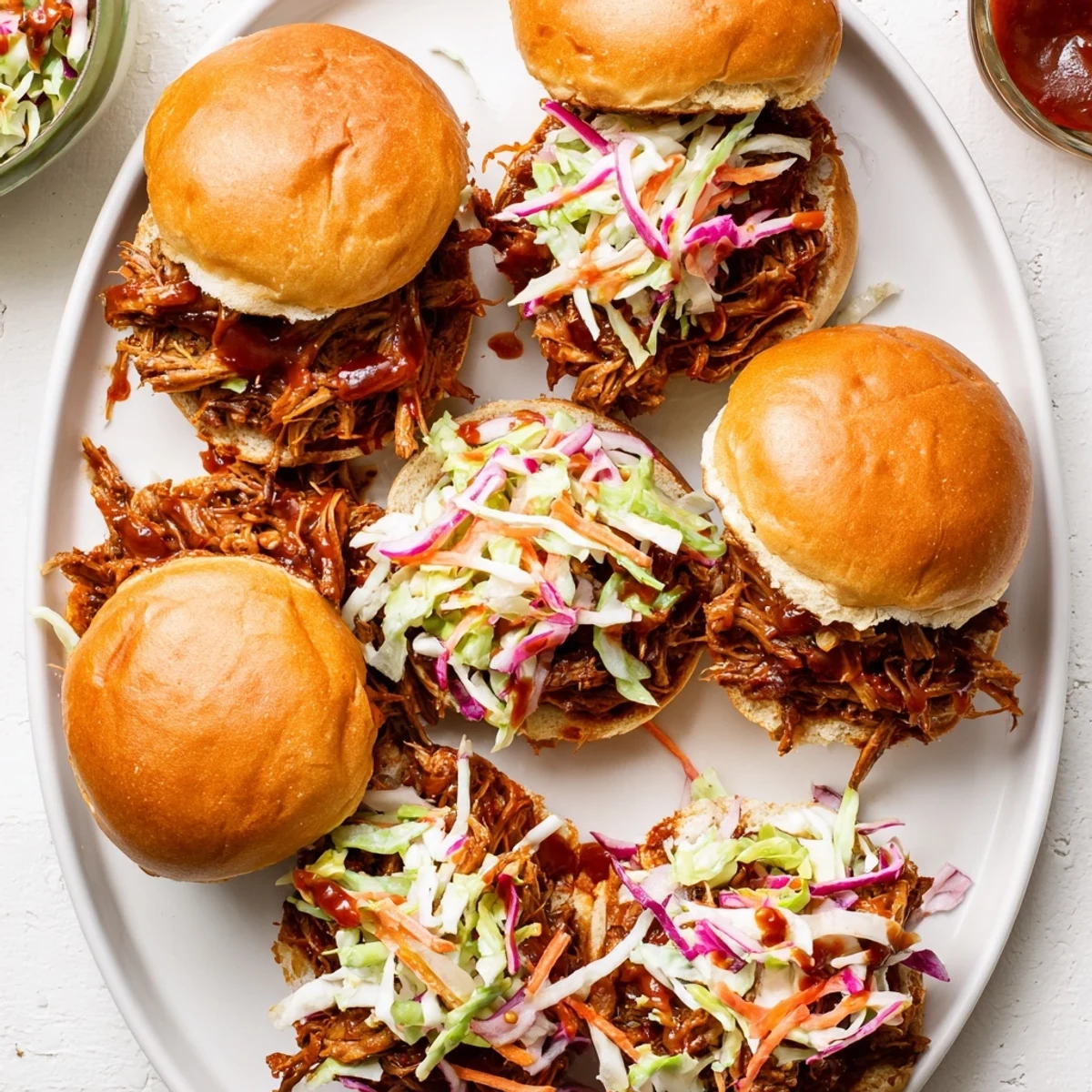 Tender smoky beef sliders topped with colorful coleslaw and served on soft brioche buns