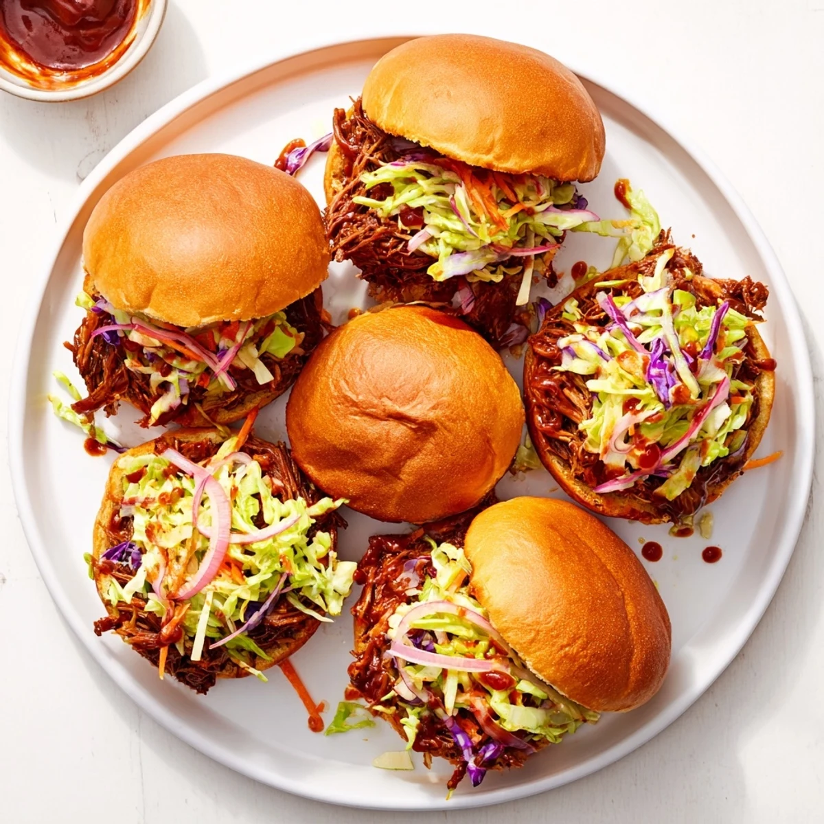 Homemade BBQ pulled beef sliders with fresh creamy coleslaw on buttery toasted brioche buns