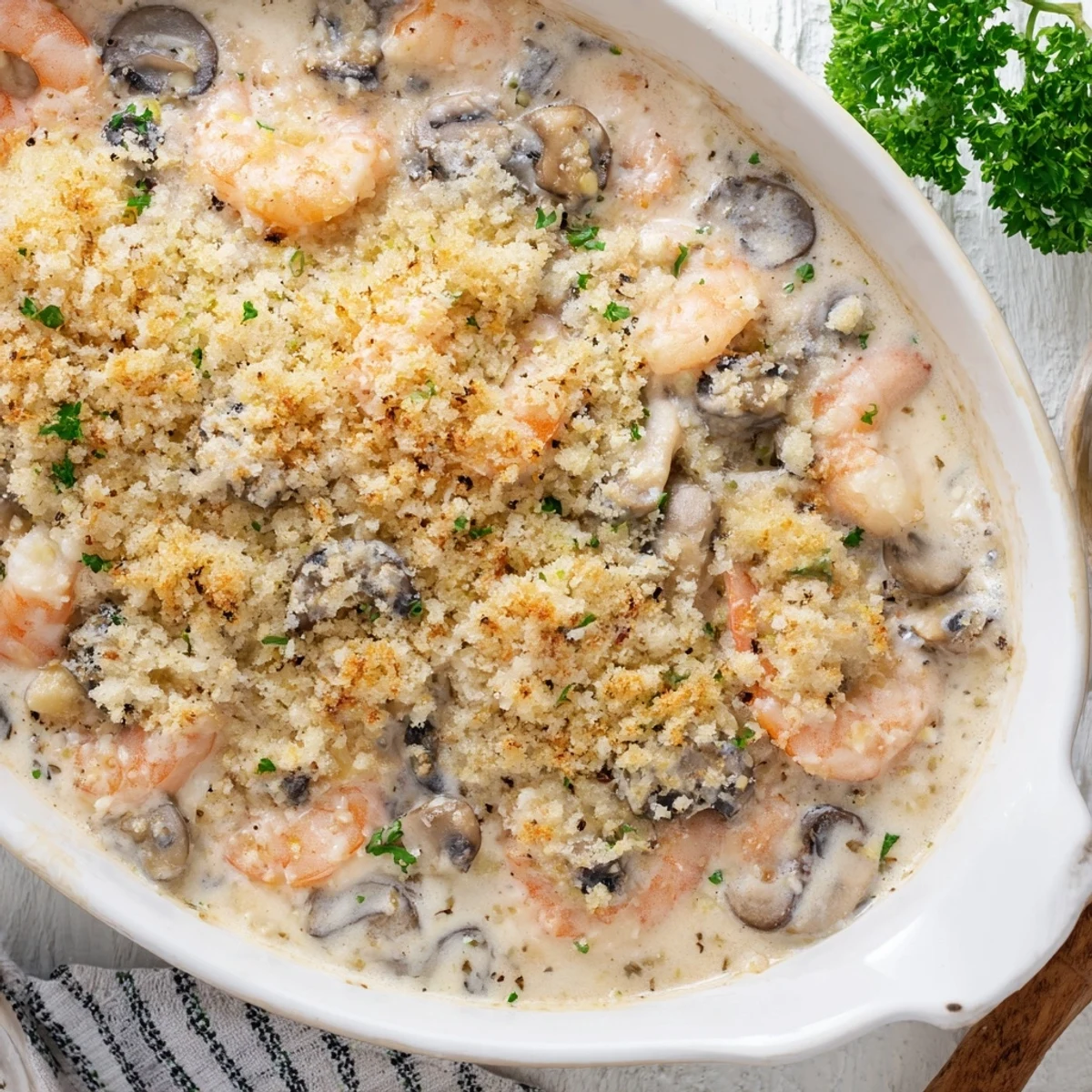 Golden brown shrimp mushroom casserole with crispy breadcrumb topping bubbling in a baking dish