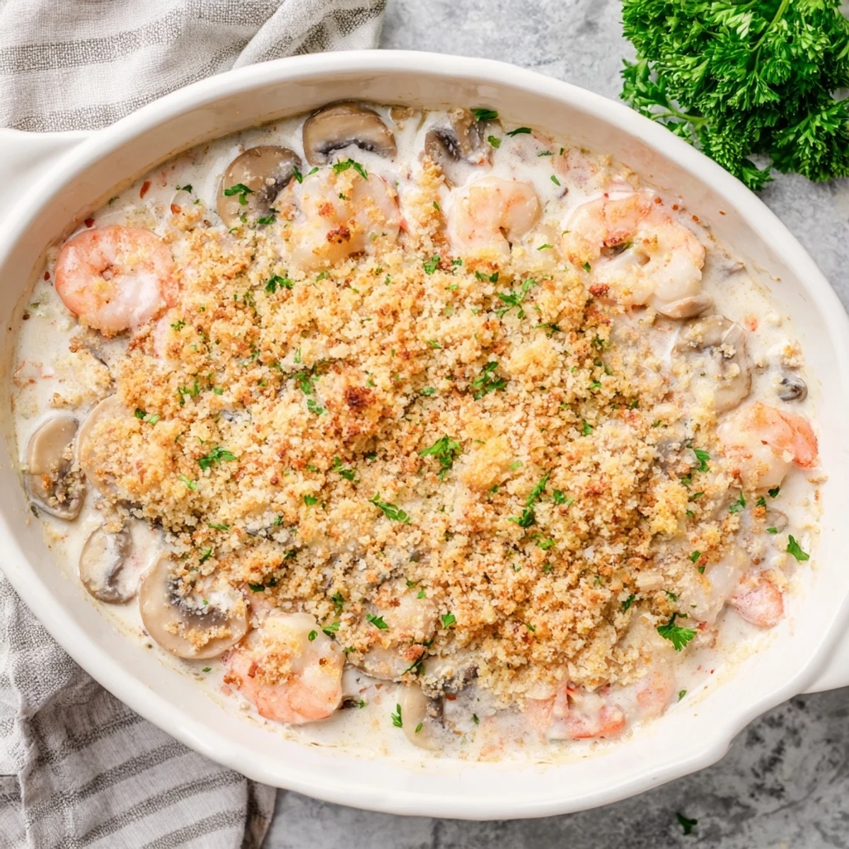 Rustic shrimp mushroom casserole freshly baked with golden parmesan panko crust and fresh parsley garnish