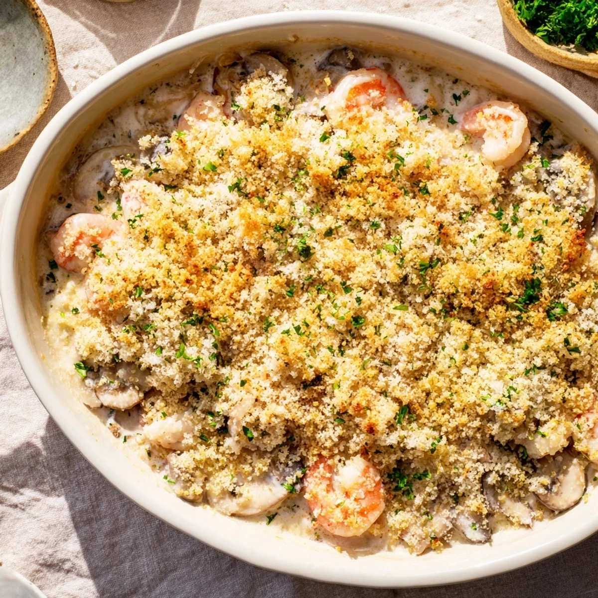 Creamy baked shrimp mushroom casserole featuring tender pink seafood and sliced mushrooms in white sauce