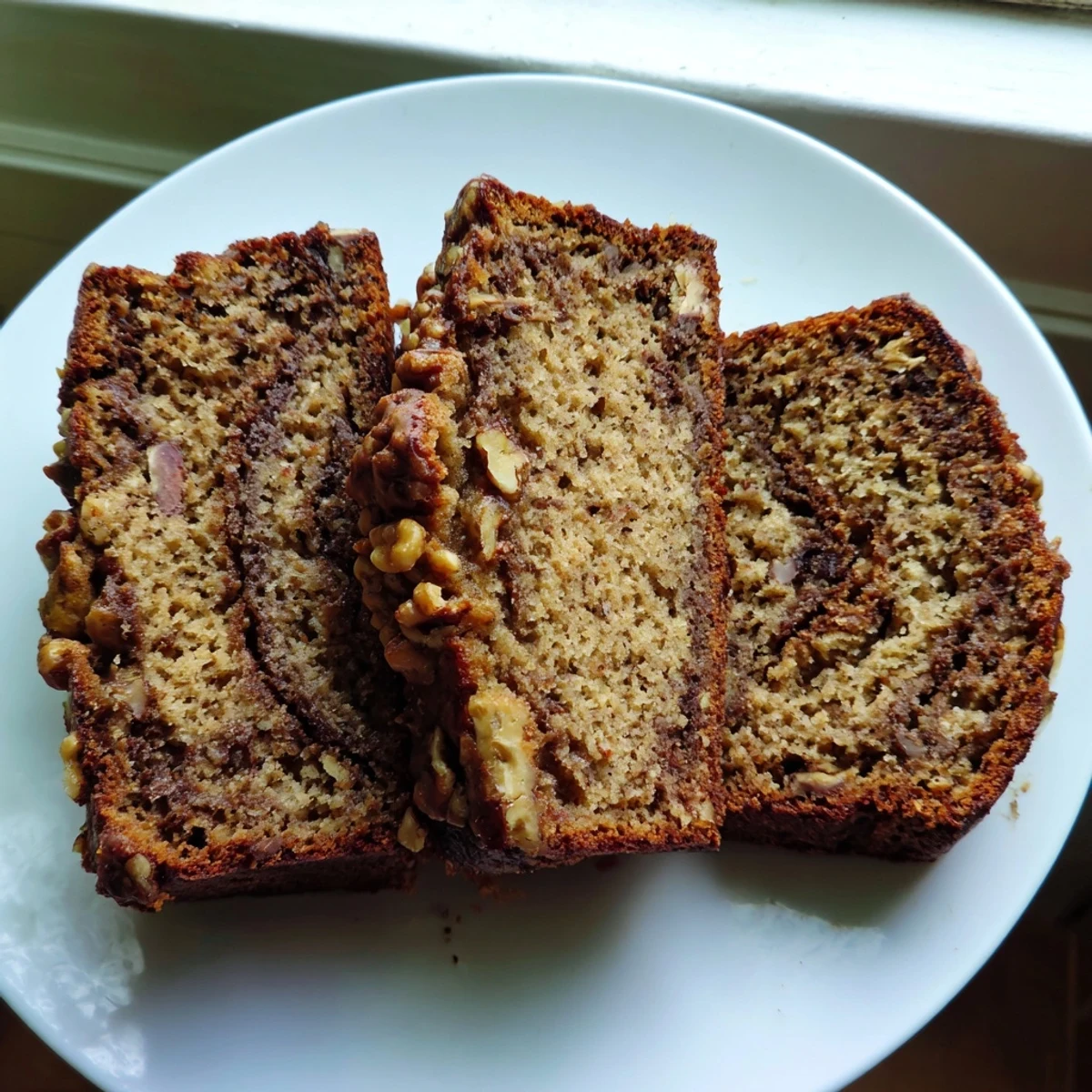 Golden brown banana nut bread loaf sliced to reveal cinnamon swirl layers and crunchy walnuts