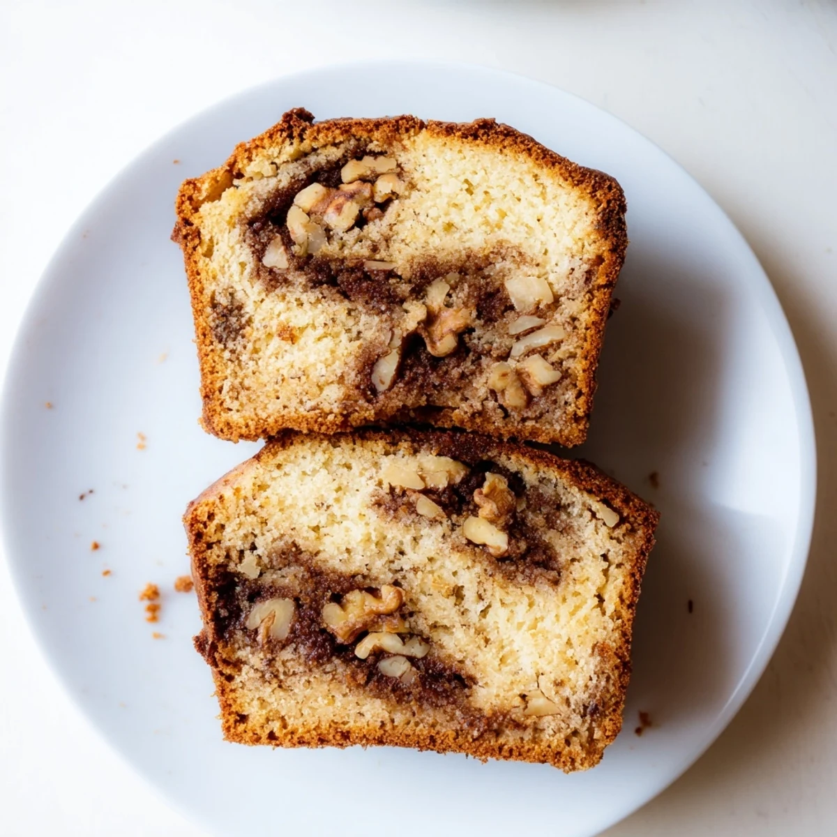 Freshly baked banana nut bread with visible cinnamon sugar ribbon and toasted walnut pieces on top
