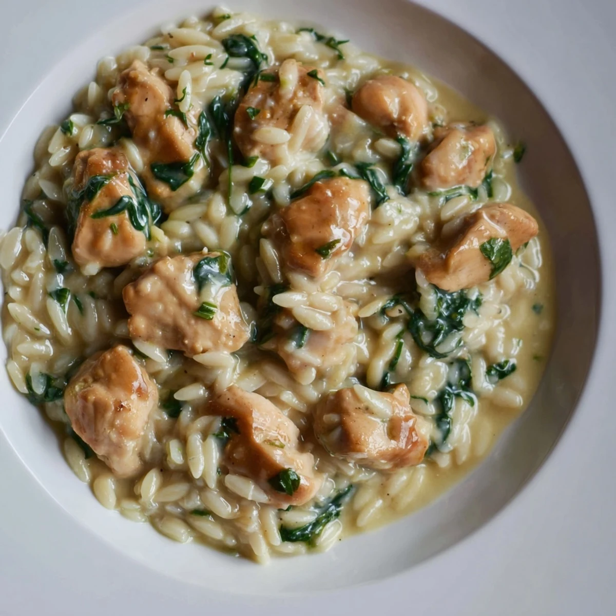 Creamy one pan Boursin chicken orzo with wilted spinach in a rustic white serving bowl