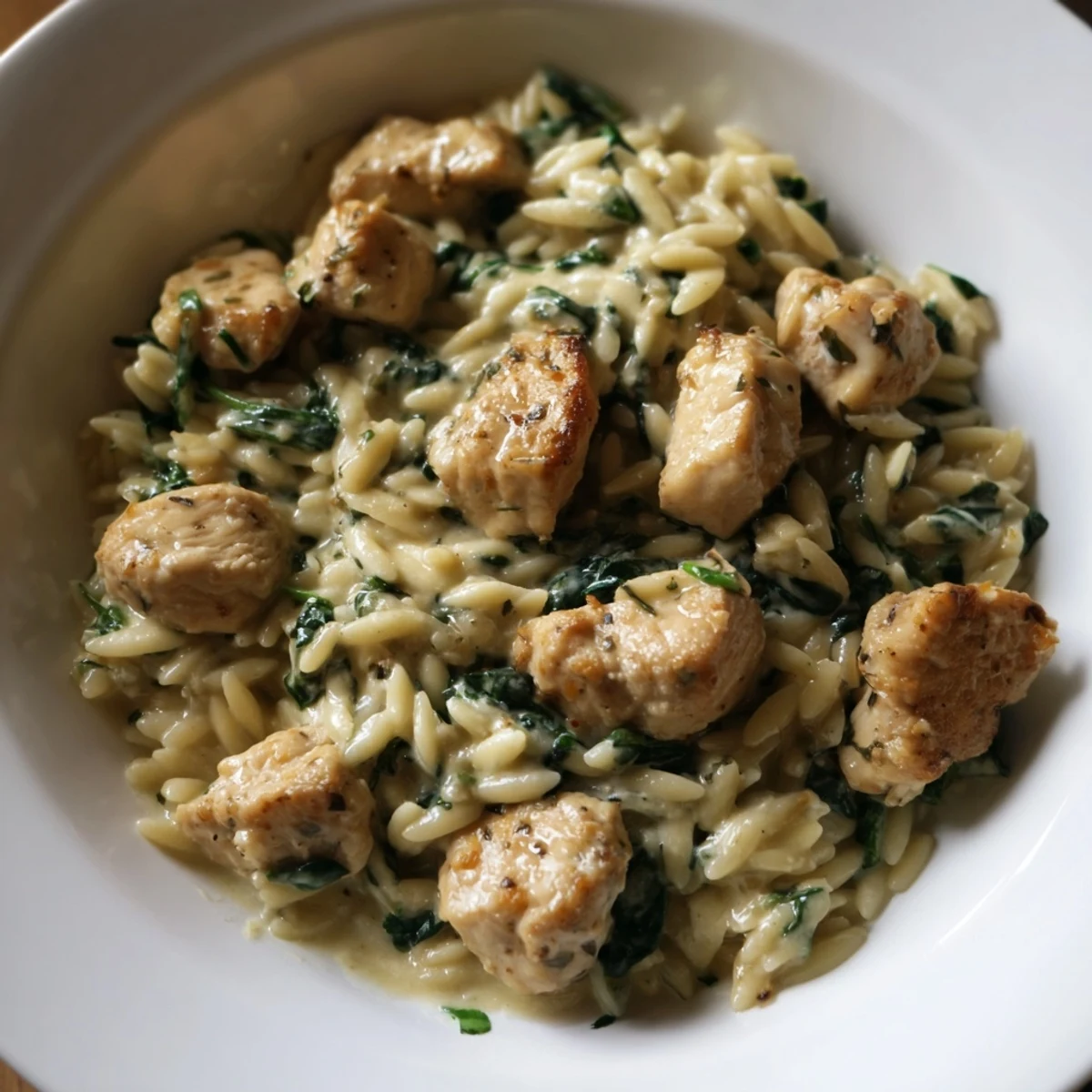 Close up of one pan Boursin chicken orzo featuring creamy sauce, spinach, and herb garnish