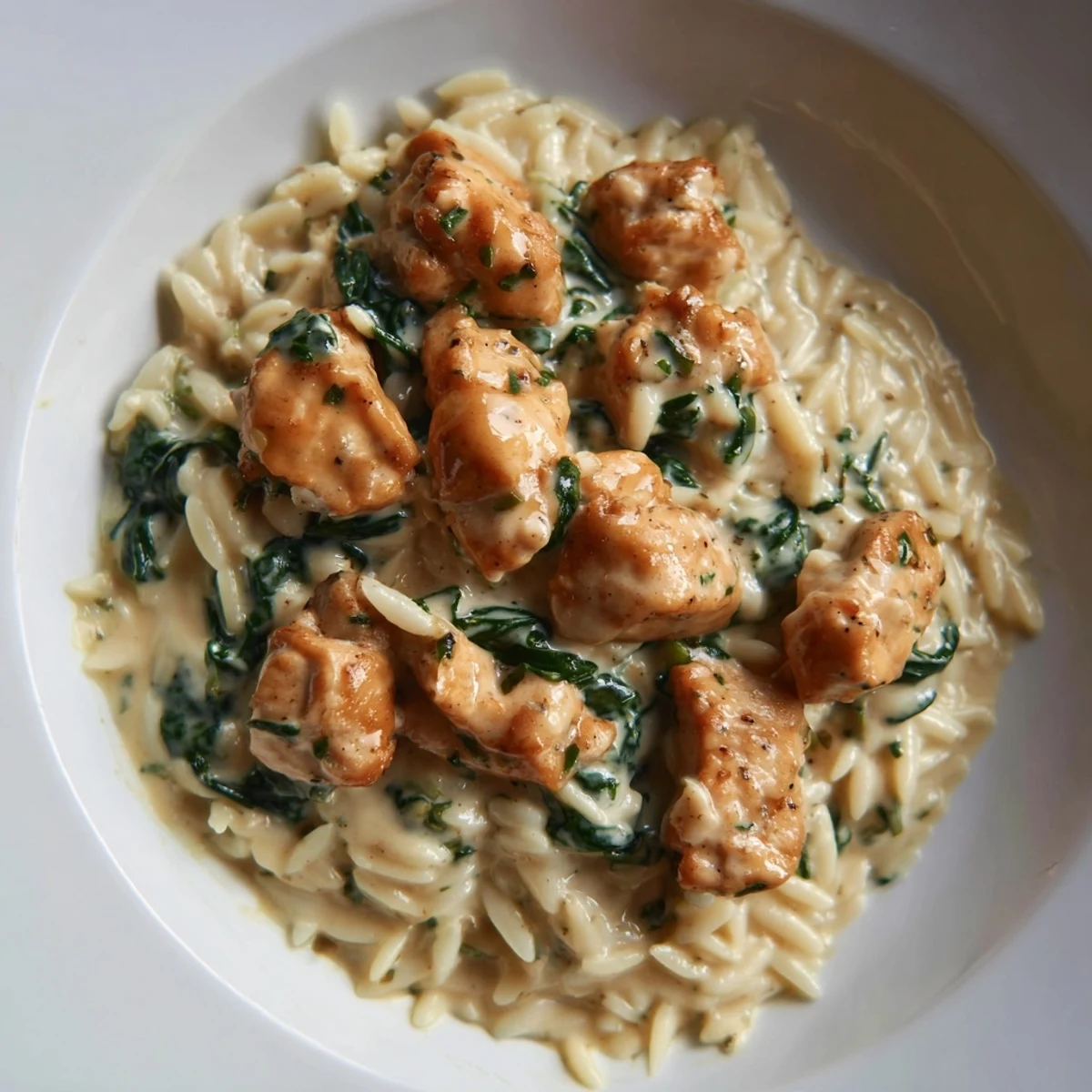 Golden chicken pieces nestled in tender orzo pasta with melted Boursin cheese and fresh green spinach
