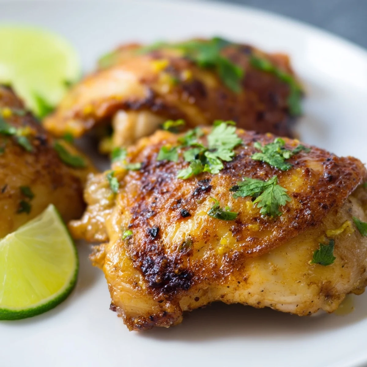 Golden Cuban Mojo Chicken Thighs roasted to crispy perfection with vibrant citrus marinade