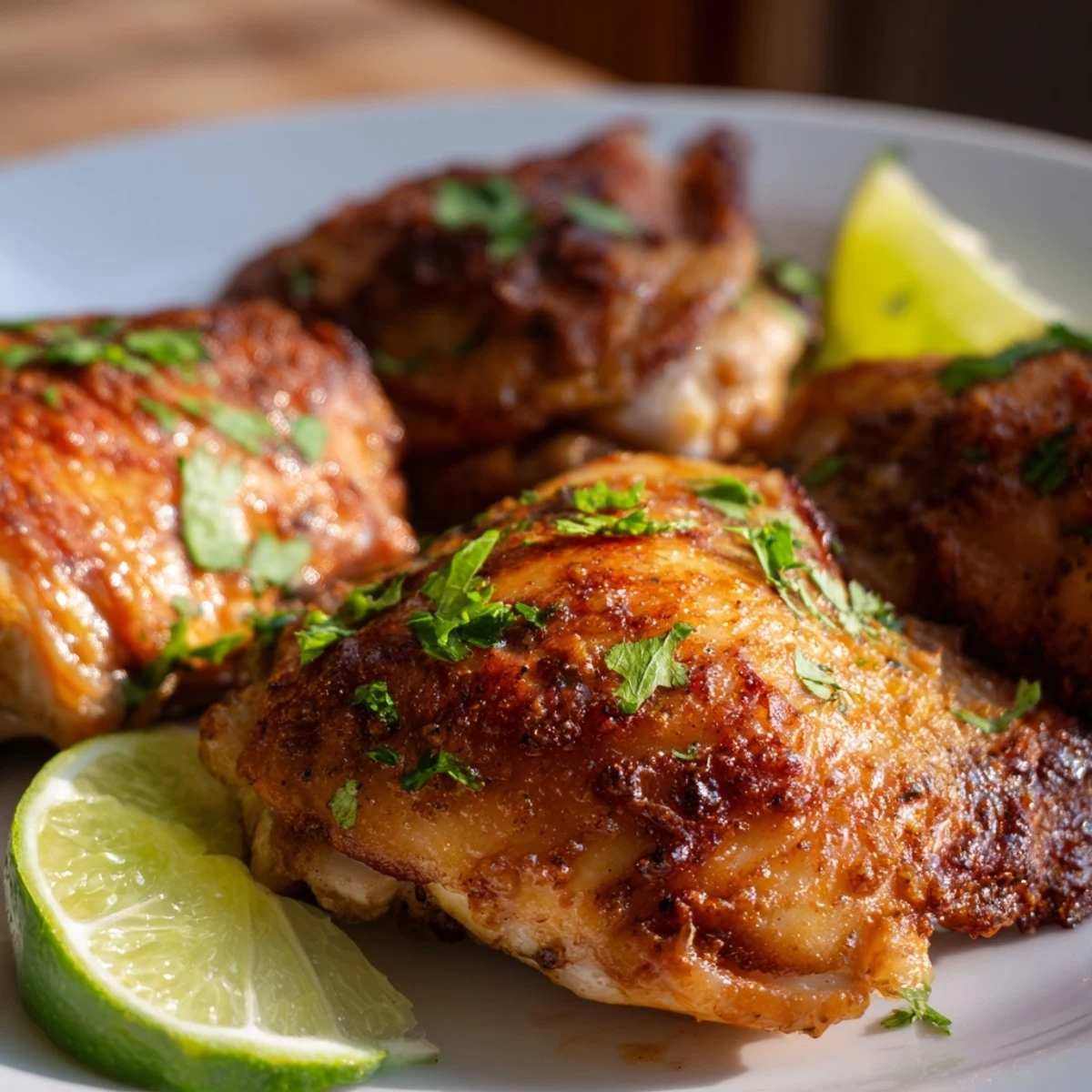 Juicy chicken thighs glistening with tangy orange-lime mojo sauce and fresh herb garnish