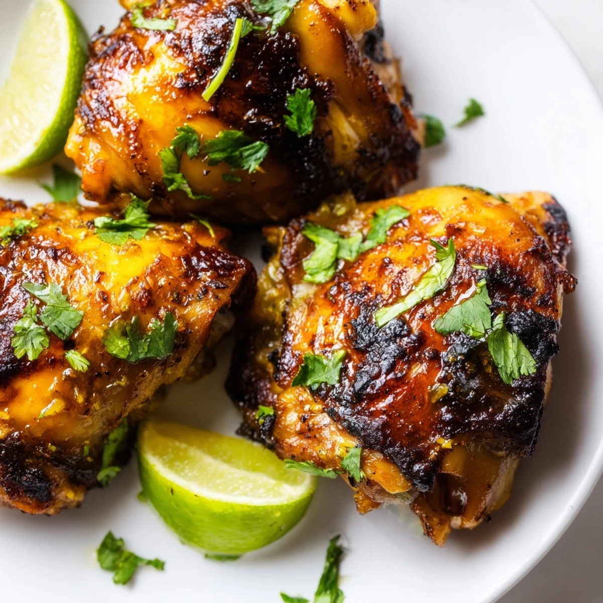 Baked Cuban Mojo Chicken Thighs served with zesty lime wedges on a platter