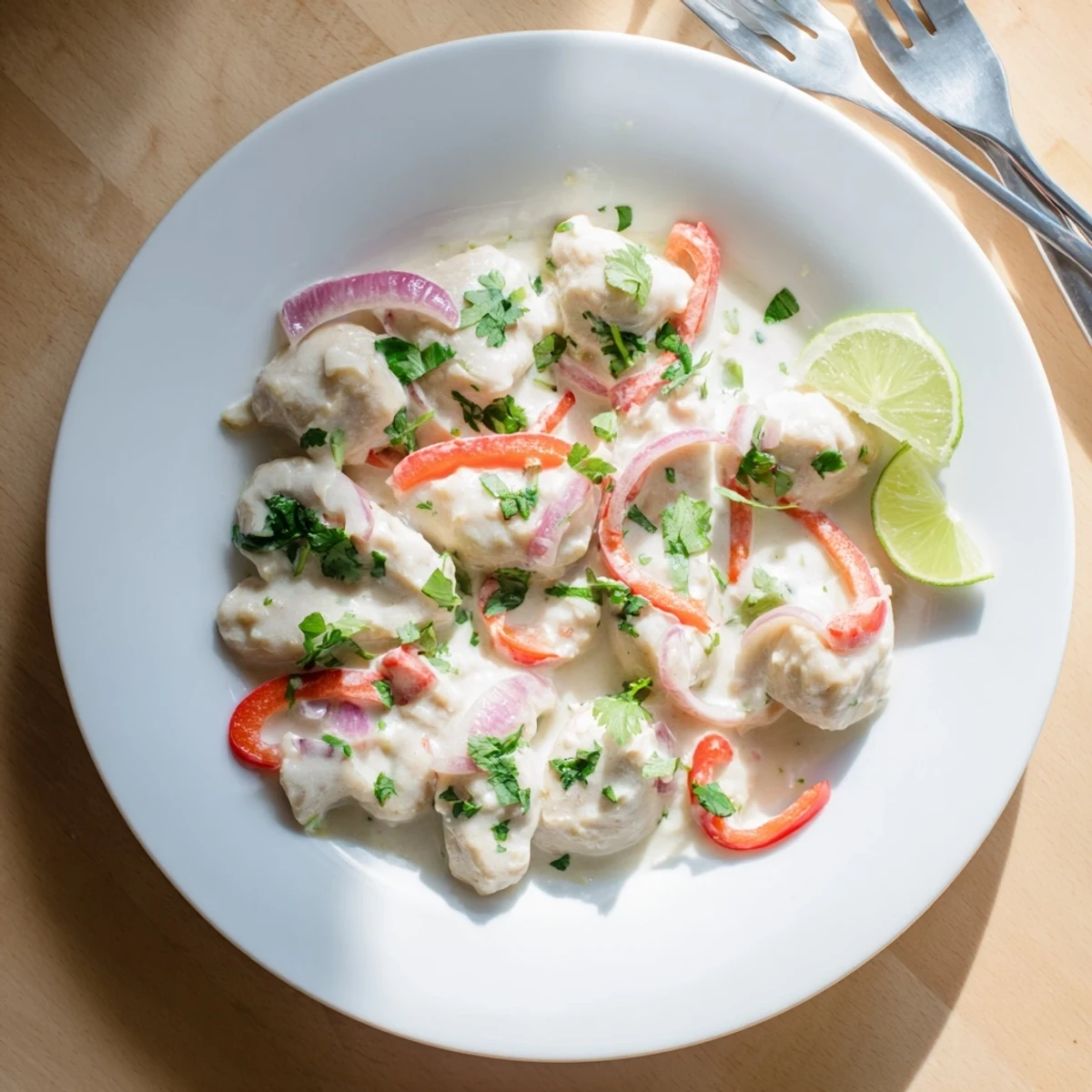 Creamy Brazilian coconut chicken simmered with red peppers and fresh cilantro in a white bowl