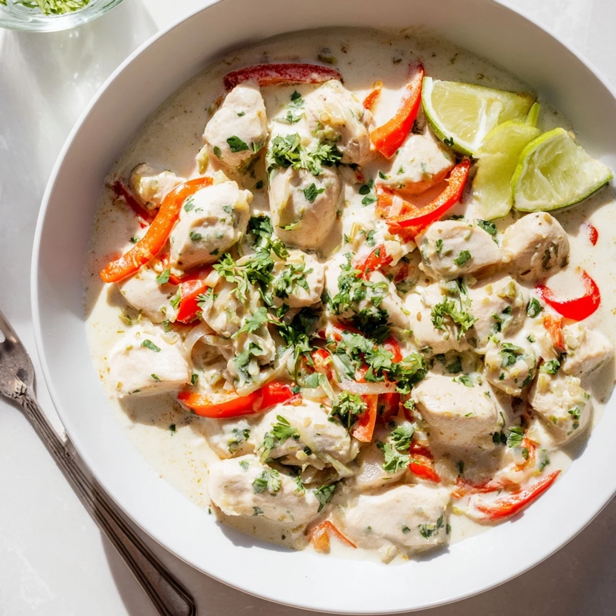 Golden Brazilian coconut chicken pieces in rich coconut milk sauce served over fluffy steamed white rice