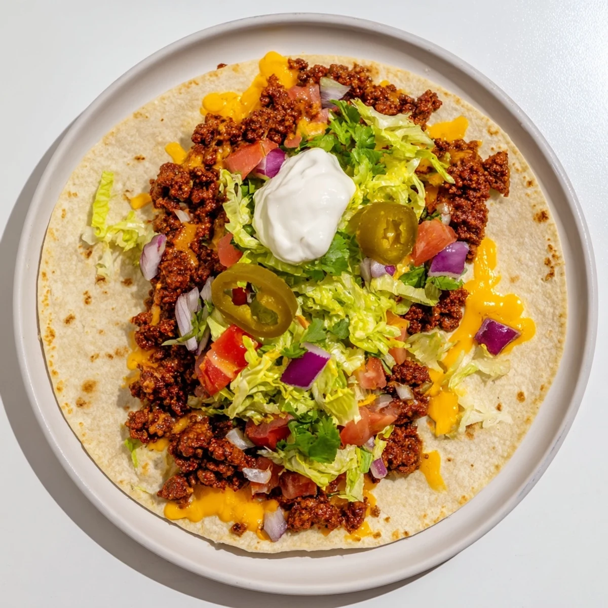 Sizzling Blackstone taco featuring crispy seasoned beef and gooey Monterey Jack cheese on tortilla